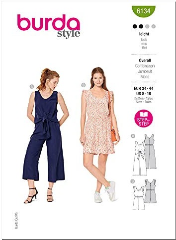 Burda Style Schnittmuster-Set, ärmellos, Overall und Strampler, Code 6134, Größen 36-46, mehrfarbig