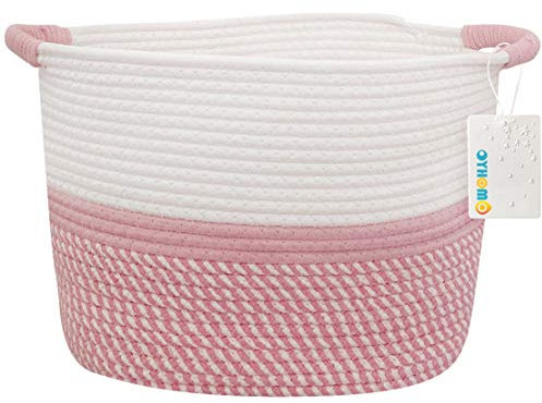 OYHOMO Faltbare Aufbewahrungskorb Groß Baumwolle Seil Geflochten Korb zur Organisation von Wäsche, Decken, Baby-Spielzeugen, Kinderzimmer, 35x25x25 cm, Weiß & Rosa