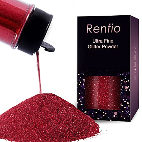 Renfio Polvere glitterata ultra fine in resina metallizzata, 60 g, fiocchi di PET per decorazioni artigianali da 0,2 mm, per bicchieri, melma, rose natalizie, colore: rosso vino