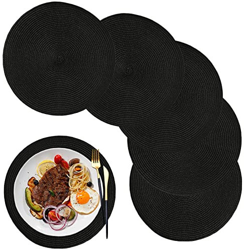 Tovagliette Americane Plastica Lavabili, Tovagliette Rotonde, Tovagliette Colazione, Set da 6, Tovagliette Plastica Lavabili per Matrimoni Eventi Festa(32cm,nero)