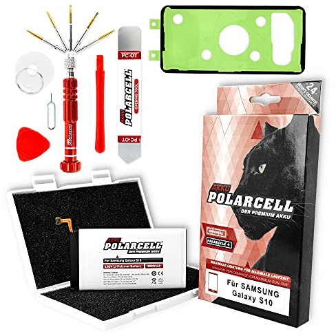 PolarCell Batterie pour Samsung Galaxy S10 | SM-G973F avec kit d'outils et adhésif pour cadre | 3600mAh | 6% de capacité en plus que la batterie d'origine