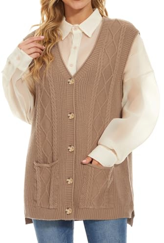 Hyipels Women's Sweater Vest,Sleevelsee Cardigan Button Cable Loose Long V Neck Pockets Knit Outwear Top S~XL