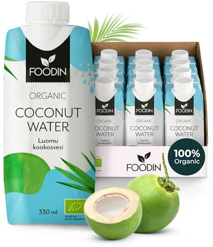 Foodin Ekologiskt Kokosvatten – Naturligt Fuktgivande med Elektrolyter – Fettfritt, Glutenfritt, GMO-fritt, Låg Kalori – Uppfriskande Törstsläckare – 12-pack (12 x 330 ml)