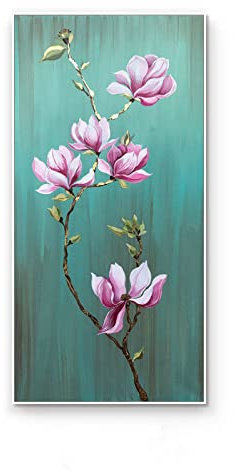 Acrylbilder, Pink Magnolia Flower Branch Leaf Goldfolie Luxus Modern Abstract Frameless Artwork Handgemalte Ölgemälde Auf Leinwand Wandkunst Für Wohnzimmer Schlafzimmer Büro Home Decor,100