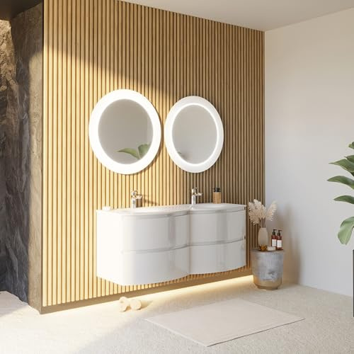 Kiamami Valentina - Mobile Bagno Sospeso Curvo con Specchi LED | 140 CM | Bianco Lucido | Design Moderno | 4 Cassettoni | Lavabo in Resina | Ottimizza Spazio, Bianco Lucido, 140CM, Resina