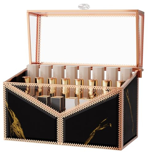 Youdepot Lipstick Organizer Lipstick Holder - 24 Spaces, Tempered Glass Lip Gloss and Perfume Organizer,Vanity Lipstick Holder and Organizer.Black