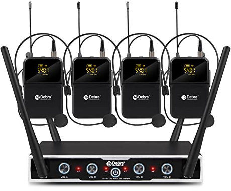 D Debra Audio Pro DU4004 UHF 4-Kanal-Drahtlosmikrofonsystem mit Lavalier-Kopfbügelmikrofonen, ideal für Versammlungen, Kirchenbesprechungen (4 Bodypack)
