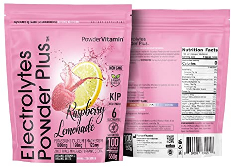 PowderVitamin Electrolytes Powder Plus (100 Servings) Raspberry Lemonade Electrolyte Powder, Zero Calorie, Keto, Zero Sugar, No Maltodextrin, 1000mg Potassium,120mg Calcium,120mg Magnesium, Hydration