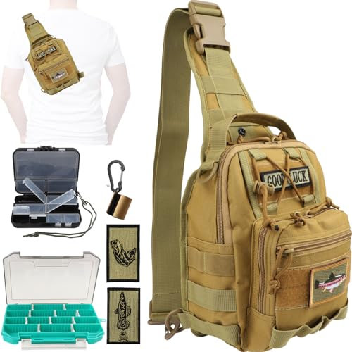 Dovesun Kleiner Angelrucksack, Fliegenfischen Sling Pack Wasserdichter Angelrucksack mit Angelkoffer Angeltaschen für Fliegenfischen Khaki