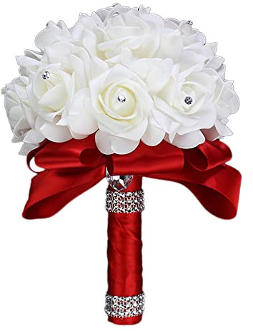 Wambere Bouquet da sposa con fiori in schiuma di cristallo con rose, bouquet da sposa, con bellissimi nastri, damigelle d'onore, bouquet da sposa, fiori di seta artificiale, posizione della mano,