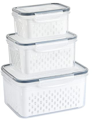 Qcwwy 3pcs Fresh Food Storage Containers, Drain Storage Basket Box with Removable Colander Produce Fruit Fresh Saver Containers with Lids Vegetable Storage Containers for Refrigerator