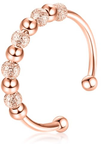 S925 Silber Anti-Stress Ring Verstellbar, Anxiety Ring Mit Perlen, Frauen Damen Antistress Linderung Von Angst Fidget Offene Stressringe Angstring Schmuck (Roségold)