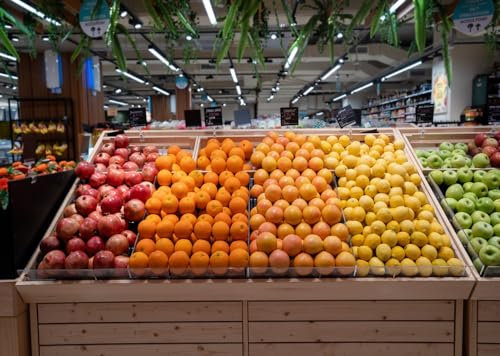 CORFOTO 6x3m Frutta fresca e sana Sfondo fotografico Scaffali di frutta del supermercato Sfondo fotografico Alimenti biologici Mele fresche Arance in negozio Sfondo fotografico Studio