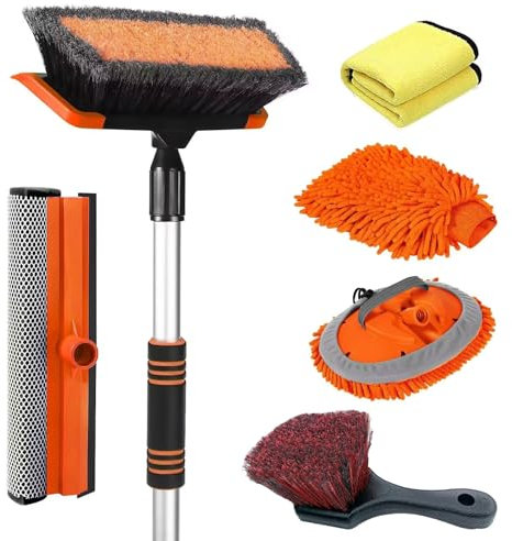 Stemni Spazzola per lavaggio auto con manico lungo, setole morbide per lavaggio auto, senza graffi, kit completo di spazzole per la pulizia di auto, camion, camper, guanto da bagno, tergicristallo