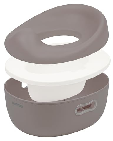 Nattou Orinal 3 en 1 para bebé, asiento de inodoro y taburete de escalón, elegante entrenador de baño para niños de 18 a 30 meses, fácil de limpiar, diseño compacto, aprox. 34 cm, gris pardo neutro