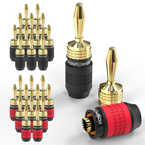 FosPower Conectores Banana Enchufe Banana Deadbolt Sin Soldadura para Cable | para Cable de Altavoz, HiFi, Amplificador y Cine en Casa. Pack de 24 4mm Chapado en Oro 24K Adaptador Cinch, 12 Pares