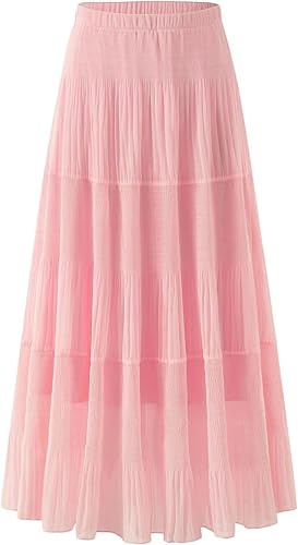 comefohome Jupe longue d'été pour femme - En mousseline de soie - Style bohème - Taille élastique - Jupe plissée, Rose, XL