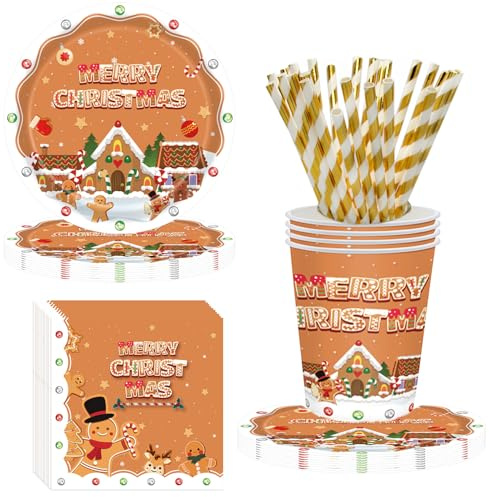 Juego de vajilla desechable de Navidad de 48 piezas, 12 invitados, adorno de pan de jengibre de Navidad de 9 pulgadas, platos desechables de Navidad, vasos, servilletas, pajita, vajilla de fiesta de