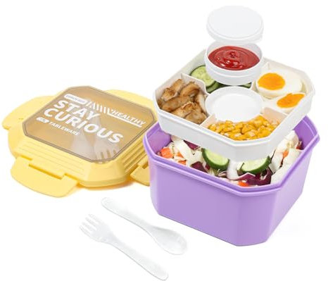 MICEBAY 52-oz Adult Lunch Box Bento Box for Men Women, Salad Bowl with 4-Compartment Tray, Utensils, Reusable Sauce Dressing Container for Salad Topping, Snacks, Microwave & Dishwasher Safe, Purple