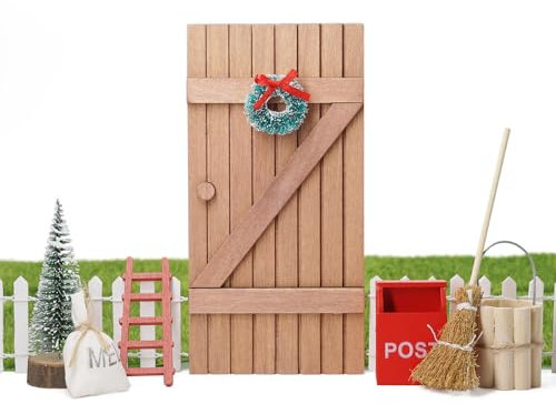 Odoria Miniatur Leiter Wichteltür Zubehör: 1/12 Maßstab Wichtel Briefkasten Weihnachten Kranz für Fee Garten Rustikal Puppenhaus - Mini Werkzeug Weihnachtsbaum Hexenbesen Holz DIY