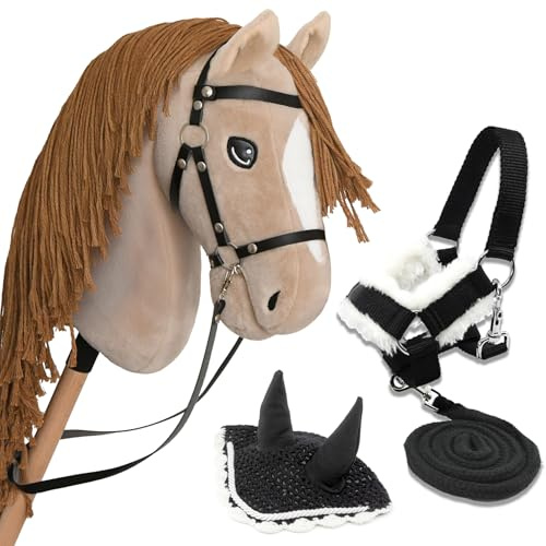 Hobby Horse Beige A3, Caballo Bastón Completo con Red, Mors, Rienda, Cabestro y Gorro Antiinsectos Blanco y Negro. Cabeza de caballo palo para Hobby Horsing Niños y Adolescentes
