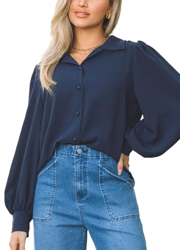 CUPSHE Puffärm krage, långärmad blus, höst/vinter, mode, elegant kontorslook, havsblå, S