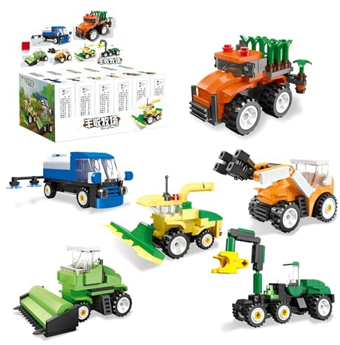 Fuleying Traktor Bausteine Bausatz, 6er-Set Landwirtschaftsfahrzeuge-Klemmbausteine, Stamm-Lern Spielzeug für Kinder, Mini-Landwirtschaftsauto-Modell Bausteine (475PCS)
