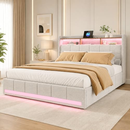 WOBOPCG Polsterbett Doppelbett 140x200,Stauraumbett mit Lattenrosten 4 Schubladen Bett mit Lattenrost mit Aufladen USB und Licht Stauraumbetten Bettgestell (Beige Leinen（USB+Type-c）, 140x200)