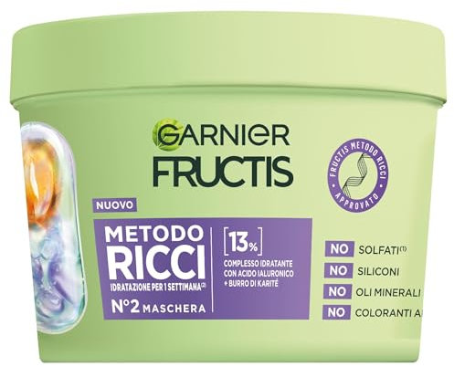 Garnier Fructis Maschera Idratante, Per Capelli Ricci Definiti Idratati e Morbidi, Arricchito con Acido Ialuronico e Burro di Karité, Metodo Ricci, 375 ml
