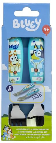 STOR Set 2 Couverts Enfant Bluey Acier Inoxydable Fourchette et Cuillère avec Manche Décoré Sans BPA pour Enfants