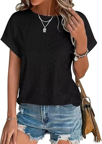 Damen Tshirt Sommer Bluse Elegant Kurzarm Lässige Lochstickerei Oberteil Kleidung Casual Shirts Rundhals Sommerblusen Tunika Tops