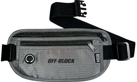 Off-Block RFID Bauchtasche 27 cm grau Geldgürtel Diebstahlsichere Tasche mit RFID Blocker für Reise Brustbeutel Bauchgürtel für Damen und Herren auch unter Kleidung tragbar
