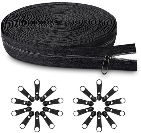 Tatxmalv 5mm × 10m Cerniera Lampo in Nylon, 20 Cursori in Metallo, Zip - Catena Misura Universale Cerniere Lampo Nero per Abbigliamento Cucito, Giacche, Zaino (Nero)