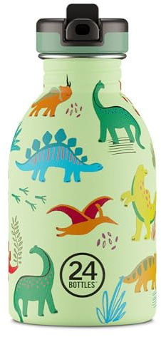 24Bottles Jurassic Friends Children's Water Bottle with Straw for Primary School and Kindergarten 250 ml, 100% Airtight Stainless Steel BPA Free Ultralight [Non-Thermal], Jurassic Friends 250 ml