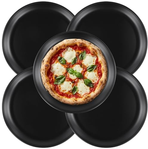 FUNSUEI 5 Stück Pizzablech Rund 26 cm, 2cm Dick Antihaftbeschichtet Edelstahl Backblech Rund, Schwarze Pizza Blech für Zuhause und Restaurant