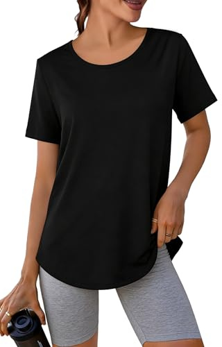 Crewhpo Sportshirt Damen Kurzarm UV-Schutz Funktionsshirt Back Mesh Sportshirt Leicht Laufshirt Fitness Locker Sport Oberteile Atmungsaktiv Sport Tshirt Für Yoga Tennis Schwarz XXL
