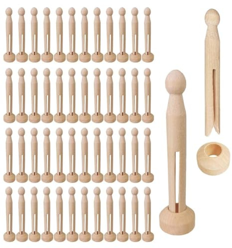 Janasiba 50 juegos de agujas para muñecas sin tratar, pinzas para la ropa de muñecas, pinzas redondas de madera, pinzas para la ropa de madera y soportes, suministros para manualidades