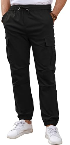 Tolaler Pantalon Homme Cargo Casual Pantalon de Jogging Travail Ceinture Élastique avec Multi Poches Cordon de Serrage Sport Noir XL