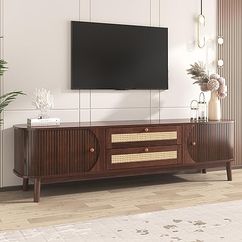 Gxffipw TV Schrank Lowboard Länge 170 cm für Fernseher bis zu 70 Zoll, Fernsehschrank TV Board mit Türen und Schubladen, Wohnzimmerschrank mit Rattan-Design, Wohnzimmer Möbel, Walnussfarbe