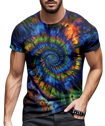 Chemise à manches courtes 2025 avec motif batik multicolore arc-en-ciel T-shirt décontracté confortable pour tous les jours et les festivals., multicolore, 6XL