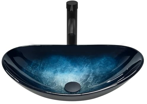 ZealWe Aufsatzwaschbecken Glas Oval, Waschbecken Waschschale für Badezimmer mit Ablaufgarnitur, Handwaschbecken Gäste WC 53 × 35 × 15,5 cm Waschtisch Waschplatz, Blau-Schwarz Farbverlauf