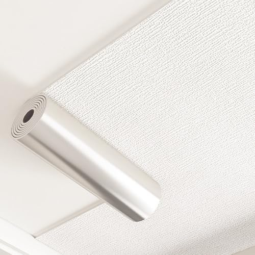 Selbstklebend Deckenpaneele Feuchtraum Tapete, 3D Leinenstruktur Deckenpaneele Styropor für die Deckenrenovierung, Isoliertapete Tapete für Schlafzimmer Badezimmer, Weiß(50cmx5m)
