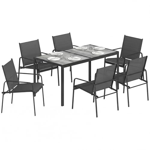Outsunny Ensemble de Salle à Manger Extérieur 7 Pièces pour 6 Personnes, Table de Patio Effet Bois et Chaises avec Assise en Maille Respirante, Mobilier de Jardin avec Cadre en Acier Galvanisé, Noir