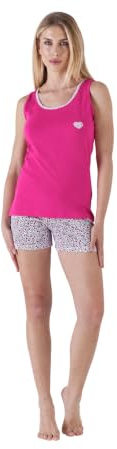 Karelpiù Pijama de mujer de algodón corto ligero de verano – Camiseta de tirantes y pantalones cortos – Pijama de dos piezas de 100% algodón fresco –, 6296 Fucsia, L