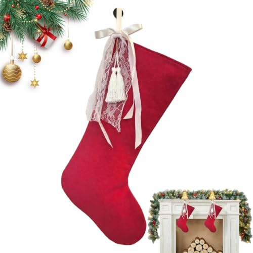 Röd Julstrumpa Dekoration Av Röda Julsockor Med Vit Rosett | Vintage Julstrumpor Lämpliga För Fönster, Studentrum, , , Vägg, Träd, Spiselkrans, Festligheter Och Högtider