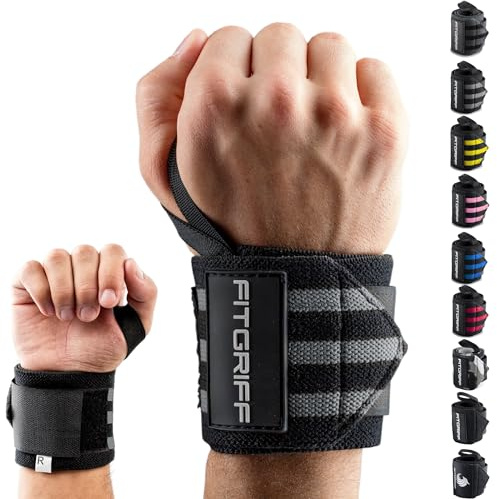 Fitgriff® Handledsbandage [handledsomslag] 45 cm handledsbandage för fitness, handledsstöd, bodybuilding, kraftsport och crossfit svart / grå
