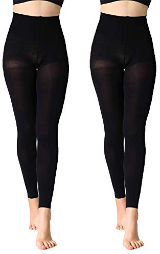 MANZI 2 Pairs Run Resistant Control Top Panty Hose Opaque Footless Tights, Large, Black