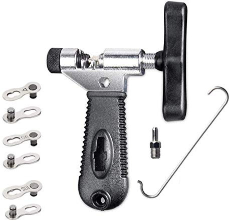 QKURT Bike Chain Splitter + 3 Pairs Bicycle Missing Link, Universal Bike Chain Cutter Breaker Tool With Chain Hook for 7 8 9 10 Speed Bicycle Chain Link Repair Removal/Install - Reusable Bicycle Tools