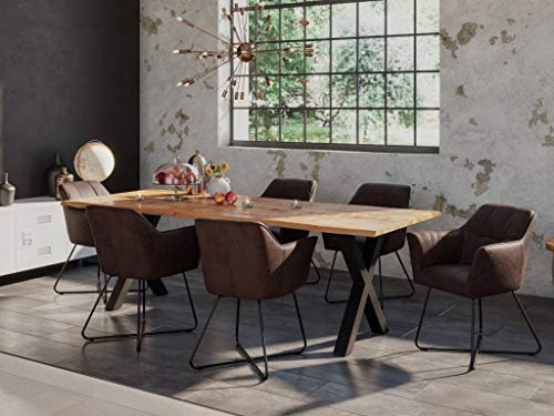 SAM 7tlg. Essgruppe Dora 220 x 100 cm, Mangoholz massiv & naturfarben, Baumkantentisch mit X-Metallgestell in Mattschwarz + 6X Stuhl Kirin in Wildleder-Optik
