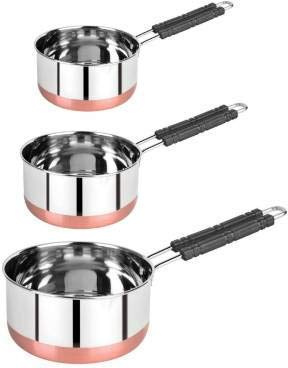 Radhna Lot de 3 casseroles design en acier inoxydable avec fond en cuivre - Capacité : 1, 1,5, 2 litres - 15,5 cm, 17 cm, 18,5 cm de diamètre (acier inoxydable)